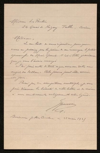 Lettre de Ferdinand Spenner à Louisa Paulin, le 22 mars 1925