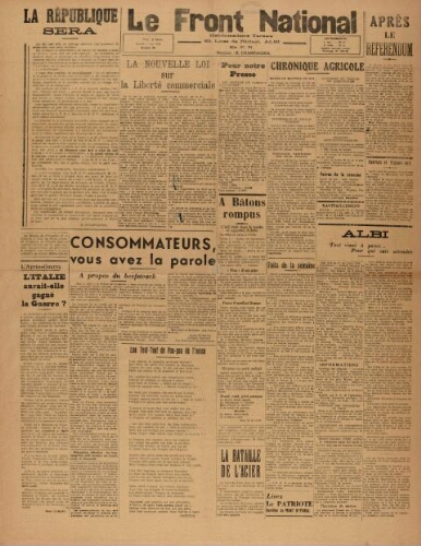 F.N. : hebdomadaire du Front national du Tarn, n°88, 11 mai 1946