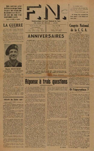 F.N. : hebdomadaire du Front national du Tarn, n°30, 24 mars 1945