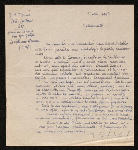 Lettre de Jules-René Thomé à Louisa Paulin, le 18 août 1943