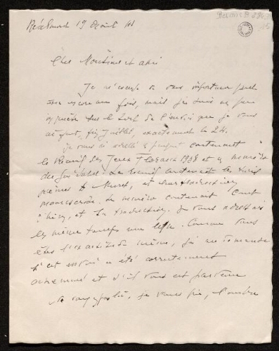 Lettre de Louisa Paulin à Charles Bellet, le 19 août 1941