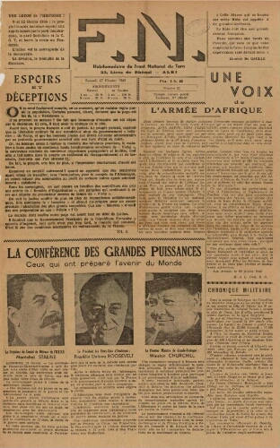 F.N. : hebdomadaire du Front national du Tarn, n°25, 17 février 1945