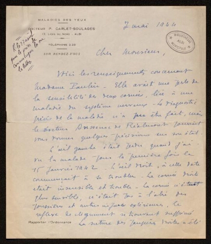 Lettre du Dr Carlet-Soulages à Charles Bellet, le 7 mai 1944