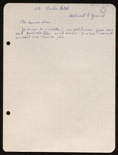Brouillon de lettre de Louisa Paulin à Charles Bellet, le 21 juin 1941