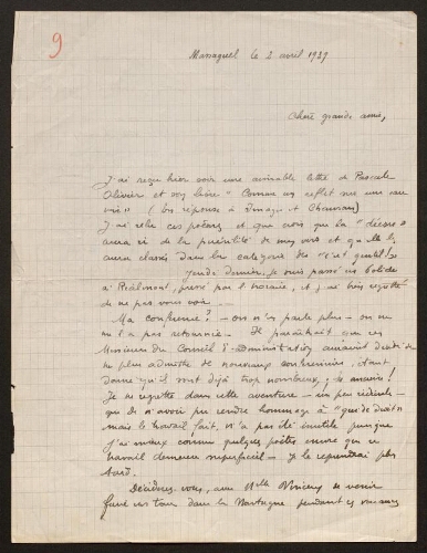 Lettre de René Rouquier à Louisa Paulin, le 2 avril 1939