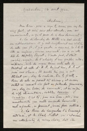 Lettre de M. Cézerac (gendre d'Antonin Perbosc) à Louisa Paulin, le 24 avril 1944
