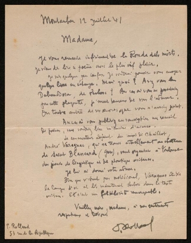 Lettre de Paul Rolland à Louisa Paulin, le 12 juillet 1941
