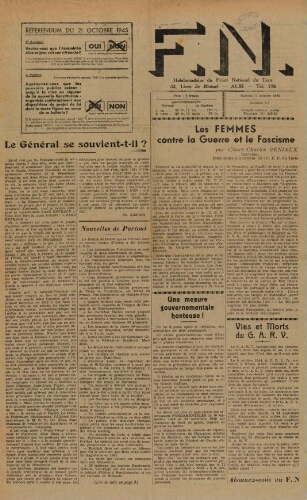 F.N. : hebdomadaire du Front national du Tarn, n°59, 13 octobre 1945