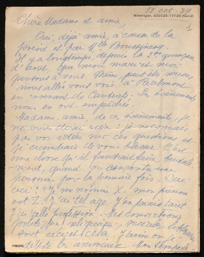 Lettre d'Amy Sylvel à Louisa Paulin, le 12 octobre 1939