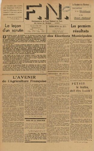 F.N. : hebdomadaire du Front national du Tarn, n°36, 5 mai 1945