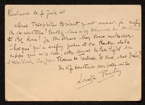 Lettre de Louisa Paulin à Théophile Briant, le 7 juin 1941