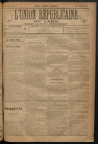 Union républicaine du Tarn (L’), 26 mai 1887