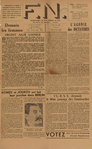 F.N. : hebdomadaire du Front national du Tarn, n°35, 28 avril 1945