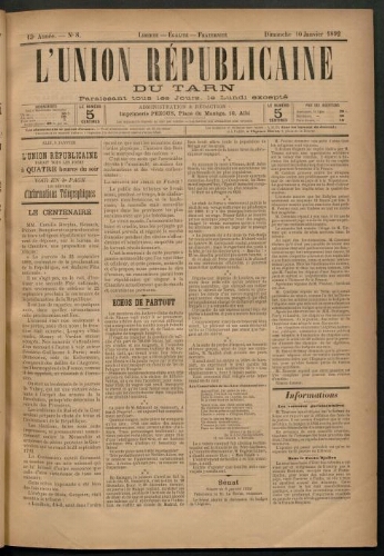 Union républicaine du Tarn (L’), 10 janvier 1892