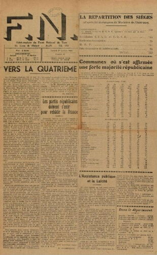 F.N. : hebdomadaire du Front national du Tarn, n°61, 27 octobre 1945