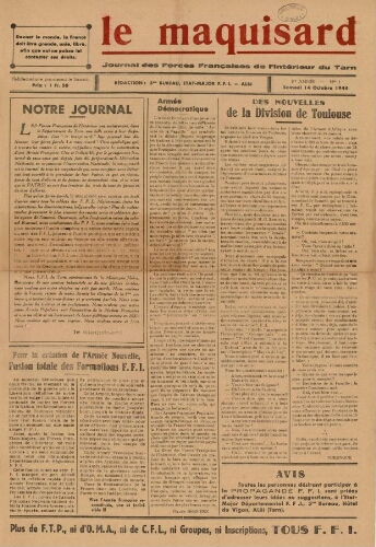 Maquisard : journal des Forces françaises de l'intérieur du Tarn (Le), n°1, 14 octobre 1944