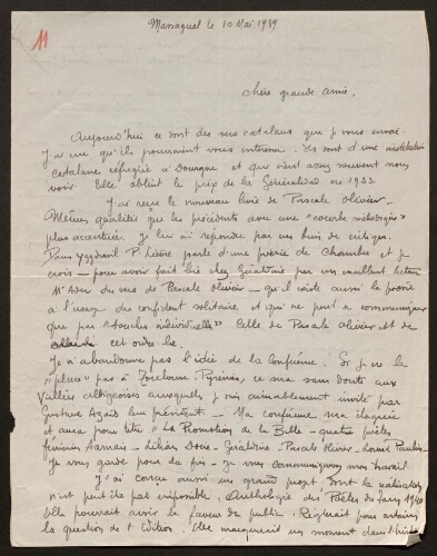 Lettre de René Rouquier à Louisa Paulin, le 10 mai 1939