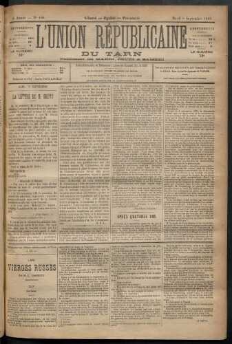 Union républicaine du Tarn (L’), 9 septembre 1884