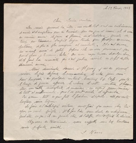 Lettre de Lucien Naves à Louisa Paulin, le 23 février 1943