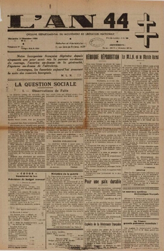 An 44 : organe départemental du mouvement de libération nationale (L'), n°5, 3 décembre 1944