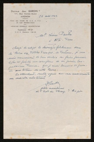 Lettre de Jean Bardin à Louisa Paulin, le 26 mai 1942