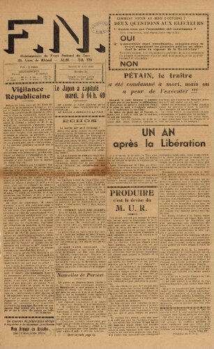 F.N. : hebdomadaire du Front national du Tarn, n°51, 18 août 1945