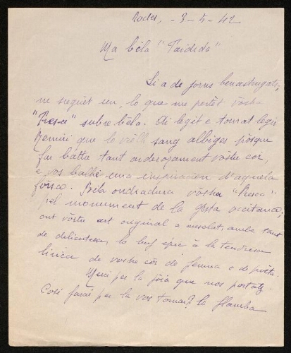 Lettre de Calelhon à Louisa Paulin, le 3 mai 1942