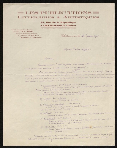 Lettre des Publications littéraires & artistiques à Louisa Paulin, le 22 janvier 1928
