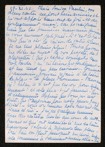 Lettre de Pascale Olivier à Louisa Paulin, le 19 novembre 1942