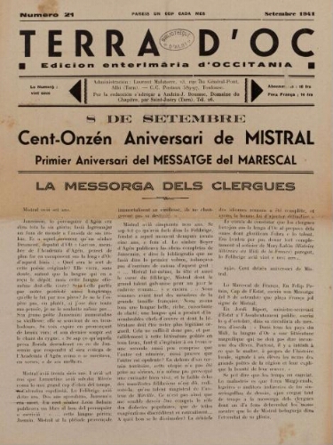 Terra d'Oc, n°21, septembre 1941