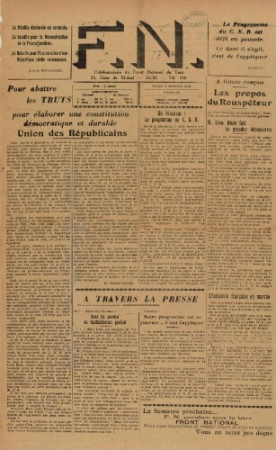 F.N. : hebdomadaire du Front national du Tarn, n°62, 3 novembre 1945