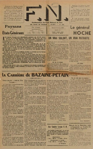 F.N. : hebdomadaire du Front national du Tarn, n°43, 23 juin 1945