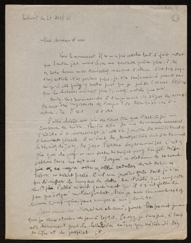 Lettre de Louisa Paulin à Charles Bellet, le 27 avril 1941