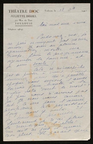 Lettre de Juliette Dissel à Louisa Paulin, le 28 octobre (?) 1941