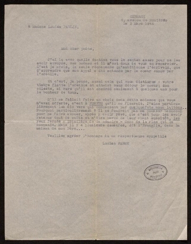 Lettre de Lucien Fabre à Louisa Paulin, le 3 mars 1944