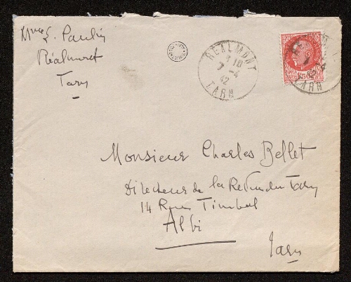 Enveloppe adressée à Charles Bellet timbrée du 7 avril 1942