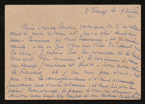 Lettre de Pascale Olivier à Louisa Paulin, le 19 août 1941