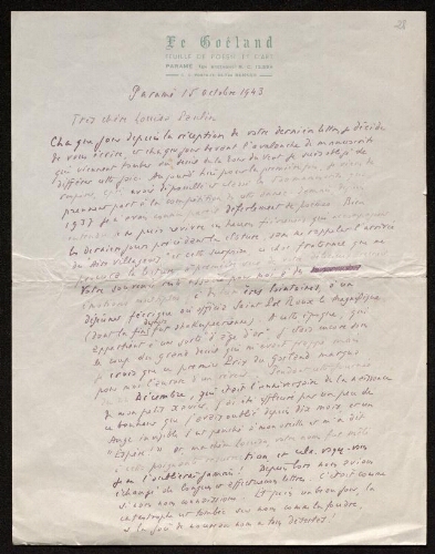 Lettre de Théophile Briant à Louisa Paulin, le 15 octobre 1943