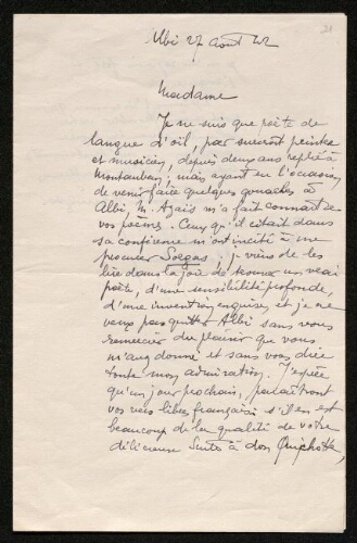 Lettre de Tristan Klingsor à Louisa Paulin, le 27 août 1942