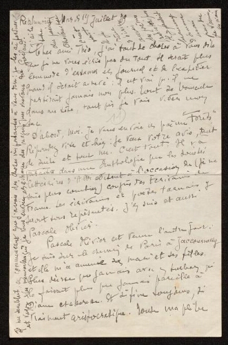 Lettre de Louisa Paulin à Théophile Briant, le 19 juillet 1939