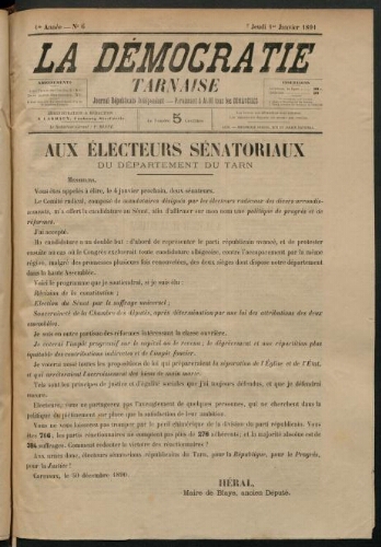 Démocratie tarnaise (La), 1 janvier 1891