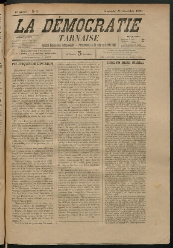 Démocratie tarnaise (La), 28 décembre 1890