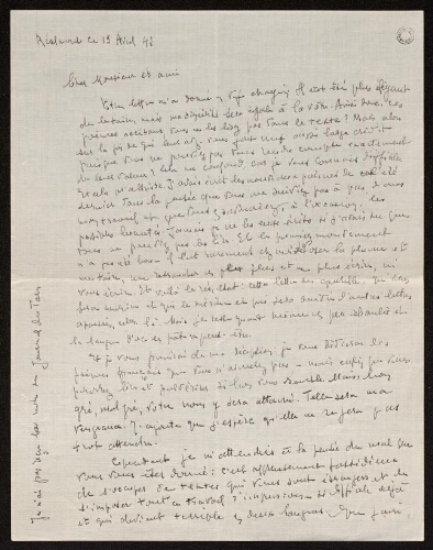 Lettre de Louisa Paulin à Charles Bellet, le 19 avril 1942