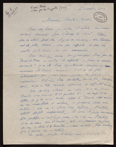 Lettre de Lucien Naves à Charles Bellet, le 15 août 1944
