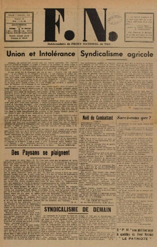 F.N. : hebdomadaire du Front national du Tarn, n°15, 9 décembre 1944