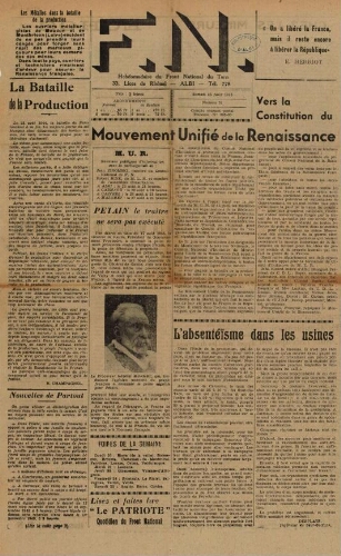 F.N. : hebdomadaire du Front national du Tarn, n°52, 25 août 1945