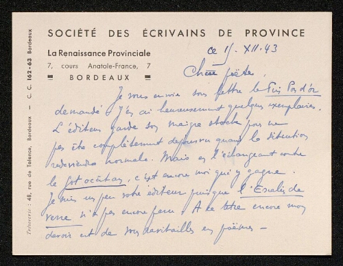 Lettre de la Renaissance Provinciale à Louisa Paulin, le 15 décembre 1943