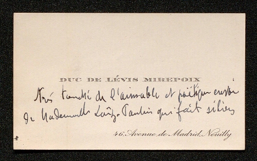 Lettre du duc de Lévis Mirepoix à Louisa Paulin