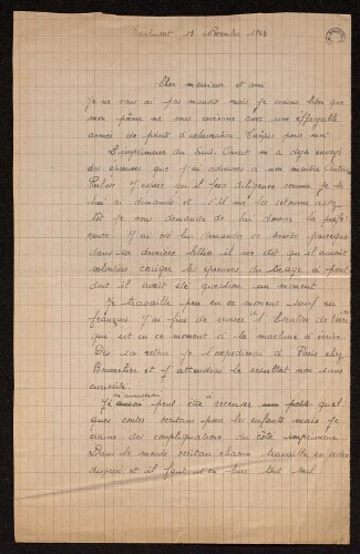 Lettre de Louisa Paulin à Charles Bellet, le 13 novembre 1943