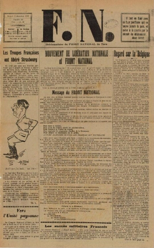 F.N. : hebdomadaire du Front national du Tarn, n°14, 2 décembre 1944